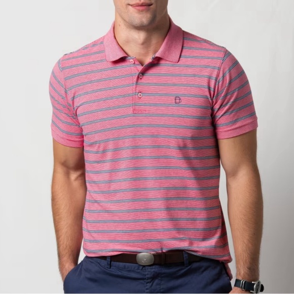 NWT B. Draddy Perez Golf Polo in Bandana Pink and Blue Stripe, Size Small - Picture 1 of 10